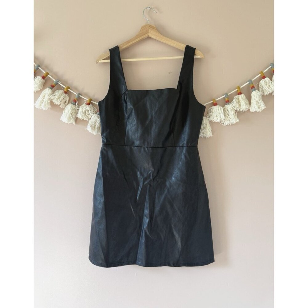 Lulus Black Leather Square Neckline Aline Mini Dress Sleeveless Grunge Biker L
